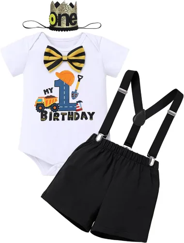 Miniatura 7 de IMEKIS Conjunto de ropa para bebé niño con estampado de pastel de 1er cumpleaños con corbatín + tirantes + pantalones cortos + corona de baloncesto