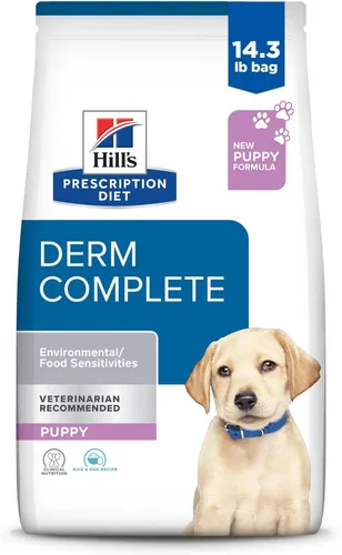 Hill's Prescription Diet Derm Complete Puppy - Alimento seco para perros con sensibilidad ambiental/alimentaria, arroz y huevo, bolsa de 14.3 libras