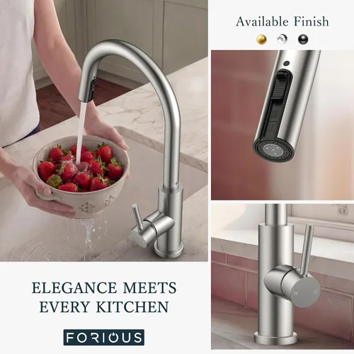 Miniatura 7 de FORIOUS Grifos de cocina con rociador extraíble, níquel cepillado de una sola manija, acero inoxidable de arco alto con placa de cubierta, grifo