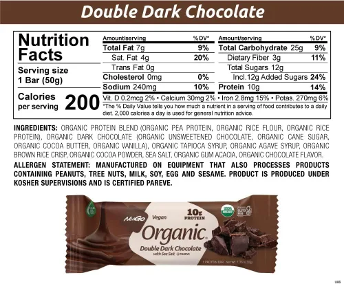 Miniatura 7 de Nugo Chocolate negro doble orgánico, 0.35 oz de proteína vegana, sin gluten, 24