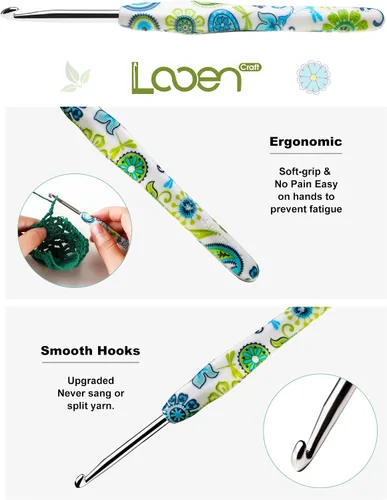 Miniatura 4 de 2.25mm Gancho de Ganchillo Looen, Mango Ergonómico para Manos Artríticas, Agujas de Tejer de Goma Suave Extra Largas para Principiantes de Crochet