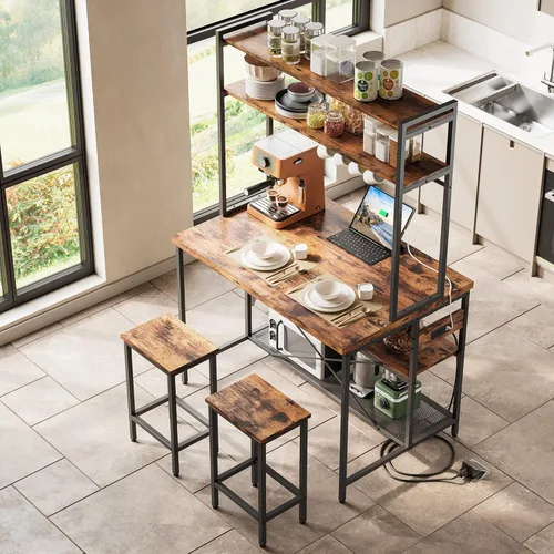 Miniatura 9 de IRONCK Isla de cocina con taburetes, estante para panadería con almacenamiento y toma de corriente, mesa de café industrial para cocina, comedor