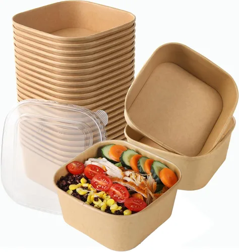 Miniatura 12 de 50 juegos de tazones de papel kraft desechables de 17 oz con tapas, recipientes de papel para alimentos rectangulares con tapas, ensaladeras