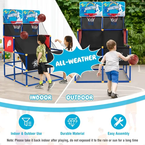 Miniatura 4 de Goplus Juego de baloncesto para niños, juego de baloncesto de doble disparo para 2 jugadores con 4 bolas y bomba de inflado, juego deportivo