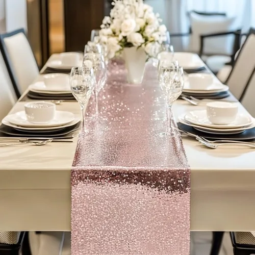 Miniatura 9 de Camino de mesa de lentejuelas de 72 pulgadas de largo, camino de mesa navideño con purpurina para fiesta, boda, bebé nupcial, 2 piezas, oro rosa