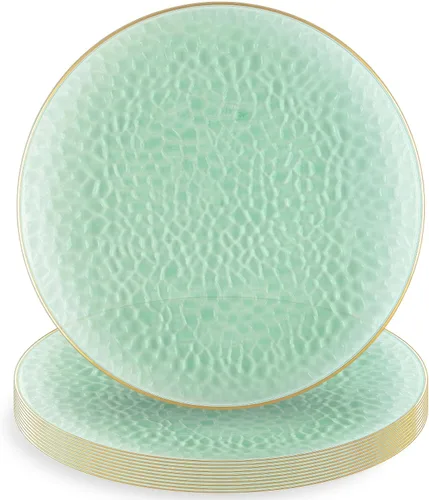 Miniatura 4 de Blue Sky Platos redondos de plástico verde martillado orgánico con borde dorado, 7 pulgadas (10 unidades) Elegante vajilla desechable para fiestas