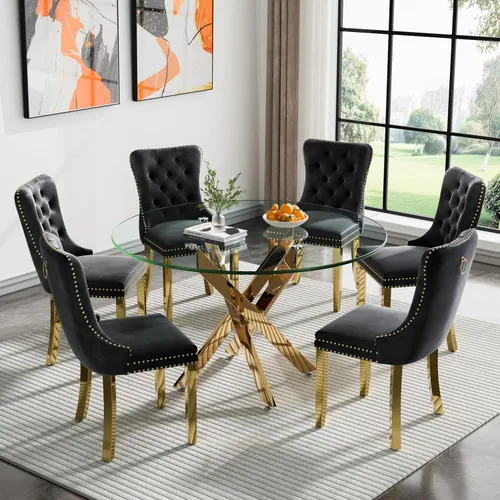 Miniatura 20 de Juego de mesa de comedor de vidrio de 47.24 pulgadas para 6, juego de mesa redonda dorada de 7 piezas con 6 sillas tapizadas de terciopelo, mesa