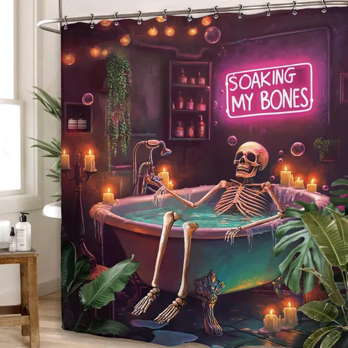 Miniatura 4 de Cortina de ducha de Halloween con diseño de esqueleto de neón de 60 pulgadas de ancho por 71 pulgadas de alto, diseño divertido de calavera