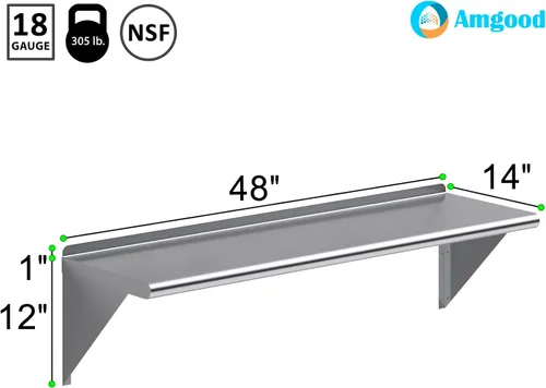 Miniatura 3 de AmGood Estante de pared de acero inoxidable de 48 pulgadas de largo x 14 pulgadas de profundidad Certificado NSF Estantería de metal
