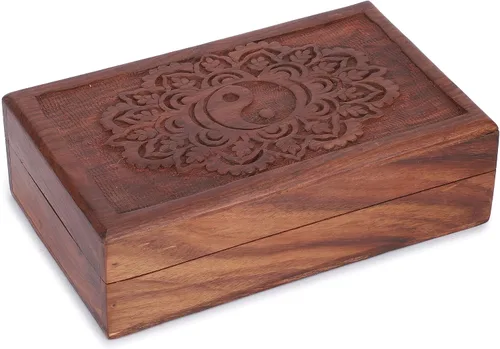 Miniatura 10 de Ajuny Joyero decorativo de madera de recuerdo de 8 pulgadas - Caja de tallado de 7 chakras para joyas, monedas, cartas de tarot, organizador