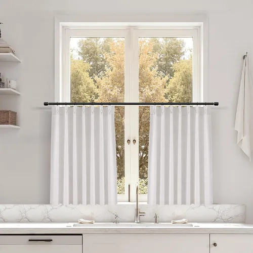 Miniatura 31 de Juego de 2 paneles de cortinas de ventana de cocina beige de 24 pulgadas de largo, con textura de lino, plisadas, filtrantes de luz, semi pequeñas
