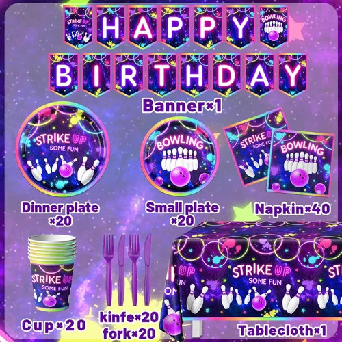 Miniatura 3 de GREHUMOR Vajilla de fiesta de cumpleaños de bolos 142 piezas ¡Vamos a divertirnos con algunas decoraciones de fiesta de bolos! Arcoíris neón