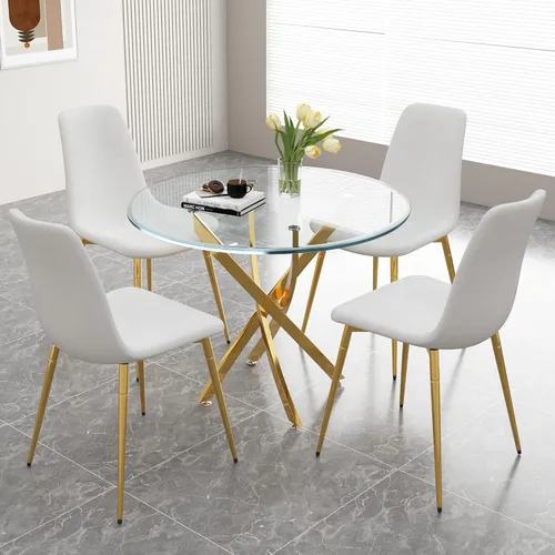 Miniatura 13 de Juego de mesa de comedor de cristal para 4, juego de mesa de cocina redonda dorada de 5 piezas con 4 sillas tapizadas negras, mesa de comedor