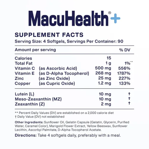 Miniatura 2 de Macuhealth Plus+ Suplemento de vitaminas para los ojos para adultos, suministro para 90 días con luteína, zeaxantina y meso-zeaxantina, sin sabor