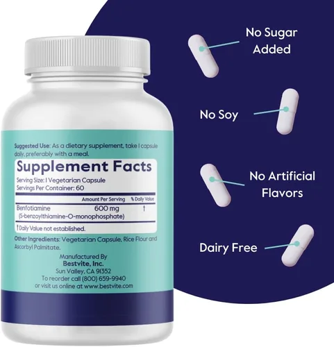 Miniatura 3 de BESTVITE Ultra Benfotiamina 600 mg por cápsula (60 cápsulas vegetarianas) sin estearatos - Sin dióxido de silicio - Vegano - Sin OMG - Sin gluten
