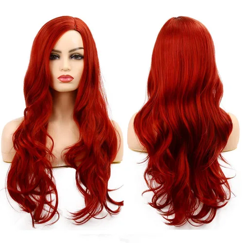 Peluca larga rizada ondulada roja para mujer, raya lateral, aspecto natural, fibra sintética para cosplay, resistente al calor, cabello de reemplazo