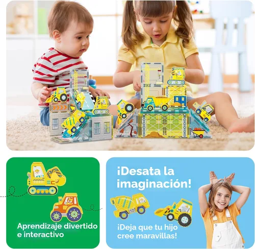 Miniatura 5 de PicassoTiles Bloques Magnéticos de Construcción con 8 Vehículos de Construcción: Camión Grúa, Excavadora, Bulldozer, Rodillo Compactador, Mezcladora