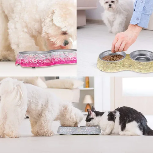 Miniatura 7 de SAVORI Cuencos pequeños para perros, hechos a mano con diamantes de imitación brillantes de acero inoxidable para mascotas, comedero doble de AB