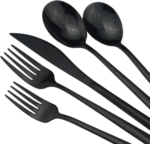 Miniatura 3 de Mirror Poblished - Juego de cubiertos negros de 5 piezas de acero inoxidable para 1, juego de cubiertos de acabado satinado para el hogar