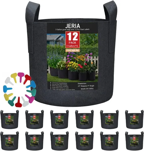 JERIA - Paquete de 12 bolsas de 3 galones para cultivar vegetales, flores/plantas, macetas de tela con aireación y asas (negras), con 12 etiquetas