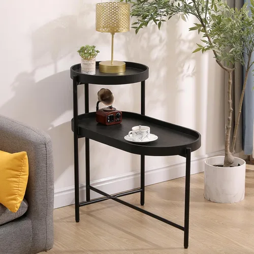 Miniatura 6 de Mesa auxiliar redonda de 2 niveles con extremo de café irregular, mesa pequeña con marco de metal para sala de estar, dormitorio (negro)