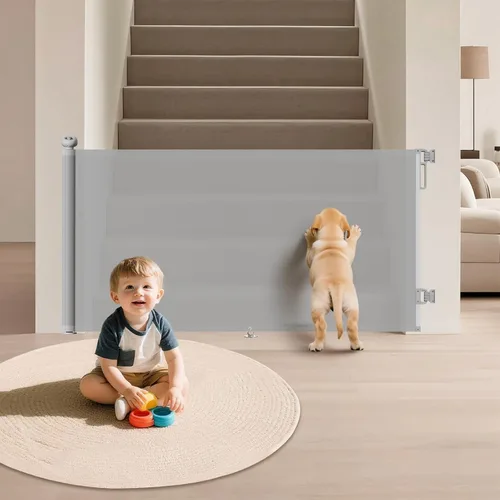 Miniatura 10 de Puerta retráctil para bebés para escaleras y puertas, 34 pulgadas de alto que se extiende hasta 71 pulgadas de ancho, puerta de malla para bebés