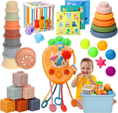 Juguetes para bebés de 6 a 12 meses, juguete Montessori 7 en 1 para niños de 6-9-12-18 meses con juguete de cuerda de tirar, juguetes sensoriales,