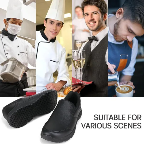 Miniatura 2 de Jacata Zapatos de trabajo negros antideslizantes para hombre, servicio de alimentos, zapatos de cuero resistentes al agua y antideslizantes sin