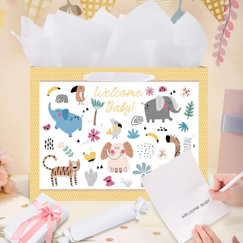 Miniatura 5 de woric Bolsa de regalo de bebé de 14.5 pulgadas para baby shower con papel de seda y tarjetas de felicitación para fiestas de cumpleaños de niños