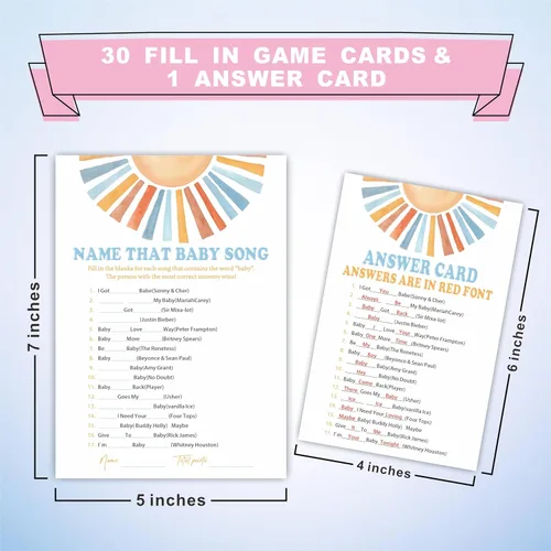 Miniatura 2 de Name That Baby Song Baby Shower Juego Kit – Acuarela Retro Sun – 30 tarjetas de juego de relleno de doble cara para baby shower, revelación
