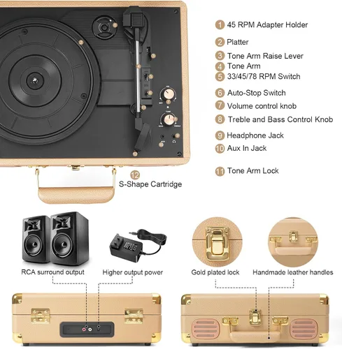 Miniatura 11 de Tocadiscos Bluetooth vintage, tocadiscos portátil de 3 velocidades con altavoces estéreo de graves integrados, fonógrafo de vinilo accionado por