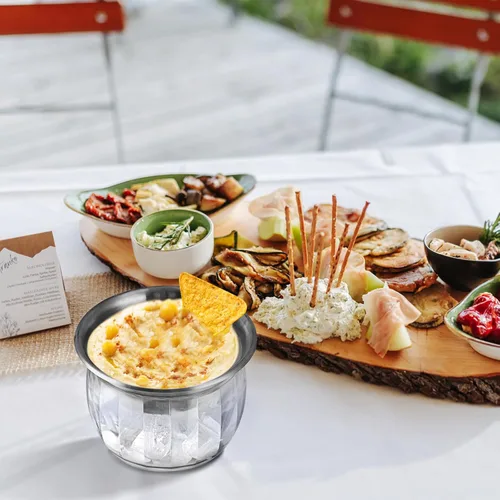 Miniatura 7 de MOLIGOU Cuenco de inmersión refrigerado con tapa, cuenco de 22 onzas para servir refrigerado para fiestas, cuenco de inmersión en hielo con tenedor