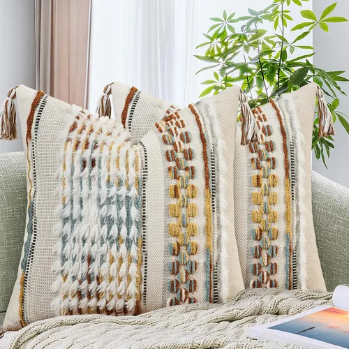 Miniatura 33 de AmHoo - Fundas de almohada de 18 x 18 pulgadas con borlas, fundas de almohada decorativas tejidas con textura de chenilla estilo boho para sofá