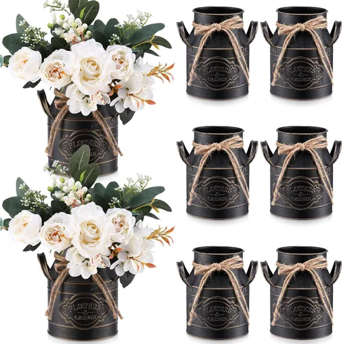 Roshtia Jarrón de metal para leche de 6 pulgadas, 8 unidades, jarrón de leche galvanizado vintage a granel, cubo de flores rústicas, estilo francés,