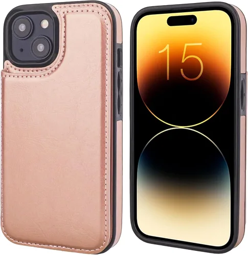 Miniatura 3 de ONETOP - Funda tipo cartera compatible con iPhone 15 con soporte para tarjetas, funda de piel sintética con ranuras para tarjetas, doble cierre Oro
