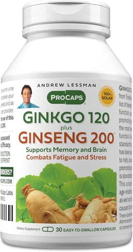 ANDREW LESSMAN Ginkgo 120 Plus Ginseng 200mg - 30 Cápsulas - Mezcla de extracto estandarizado para apoyar el cerebro, la memoria y la función