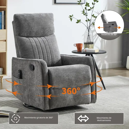 Miniatura 6 de Sillón reclinable de masaje de respaldo alto con calor, mecedora giratoria para espacios pequeños, sillón reclinable manual para adultos, perfecto