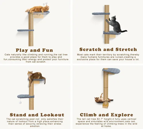 Miniatura 8 de Estantes de pared para gatos para gatitos, árbol para gatos de piso a techo de 83 pulgadas con almohadillas de felpa grises, árbol de escalada