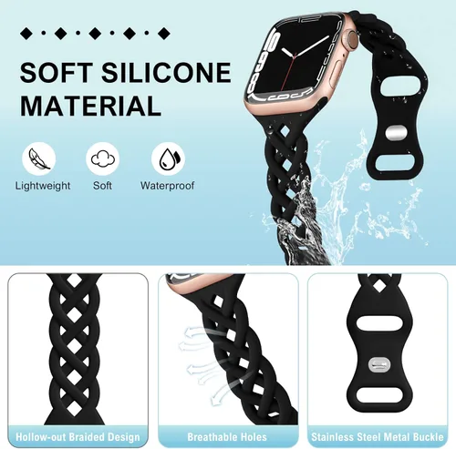 Miniatura 2 de Correas de silicona trenzadas compatibles con Apple Watch de 38/40/41/42/44/45/46/49 mm, correa hueca delgada y estrecha para iWatch Ultra 2/3 SE 3
