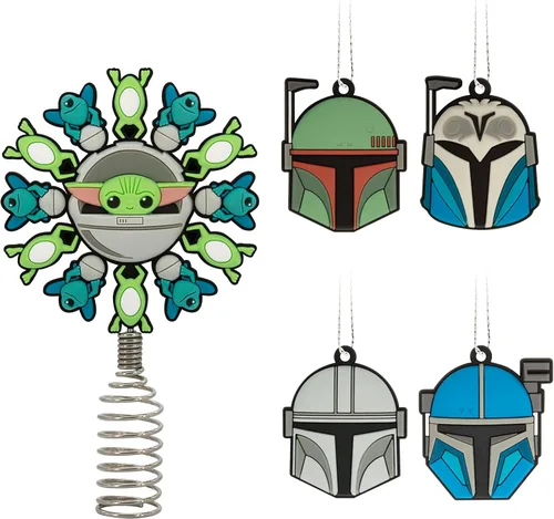 Hallmark Star Wars: The Mandalorian - Adorno para la copa del árbol de Navidad en miniatura de 5 pulgadas y mini adornos de 1.7 pulgadas, juego de 5
