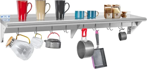 Miniatura 16 de Hally Estante de Acero Inoxidable con 6 Ganchos 12" x 36" Estante para Ollas Montado en Pared, Estantería Flotante Comercial NSF para Almacenamiento