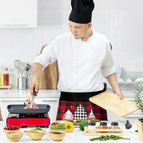 Miniatura 6 de Bencailor 4 Pcs Christmas Server Waitress Aprons with 4 Pockets Buffalo Plaid Half Waist Apron for Xmas Restaurant Party