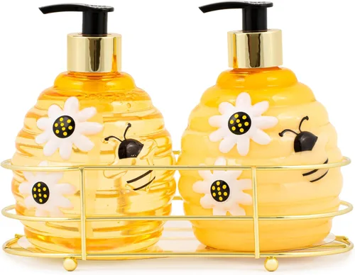 Miniatura 2 de SIMPLE PLEASURES Beehive - Juego de dispensador de jabón de manos de miel y limón – Paquete de 2 con organizador decorativo, bombas de jabón