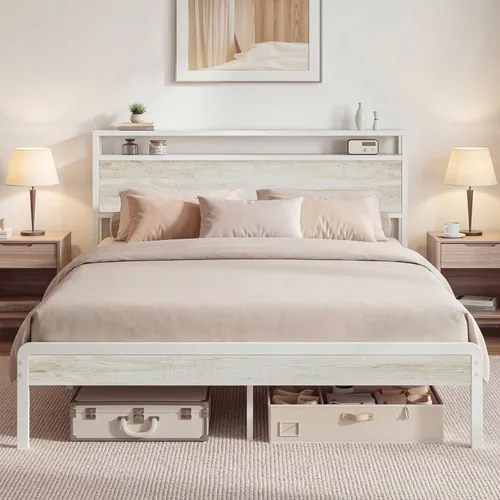 Miniatura 26 de LIKIMIO Marco de Cama King con Cabecero, Marco de Cama King de Madera Oscura con Soportes Fuertes, Resistente, Sin Ruido, No Necesita Somier, Nogal