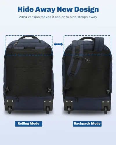 Miniatura 9 de Hynes Eagle Mochila rodante de 42 L con ruedas, mochila de viaje aprobada para vuelos, equipaje de mano, mochila de equipaje, Azul oscuro, Mochilas