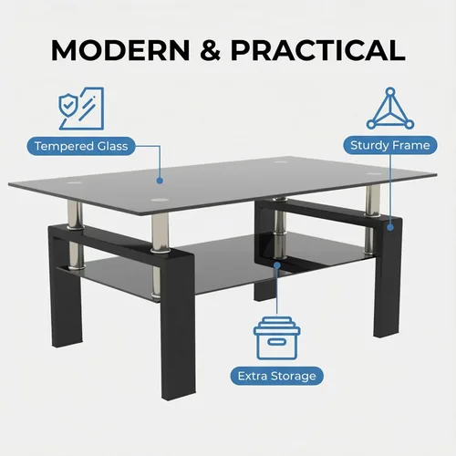 Miniatura 4 de Mesa de centro de vidrio rectangular Meihua de 2 niveles, mesa de té moderna, mesa auxiliar de café para sala de estar (todo negro)