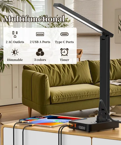Miniatura 5 de COZOO Lámpara de escritorio LED con 3 puertos de carga USB, 2 tomas de corriente CA, 3 modos de color y 3 niveles de brillo, función
