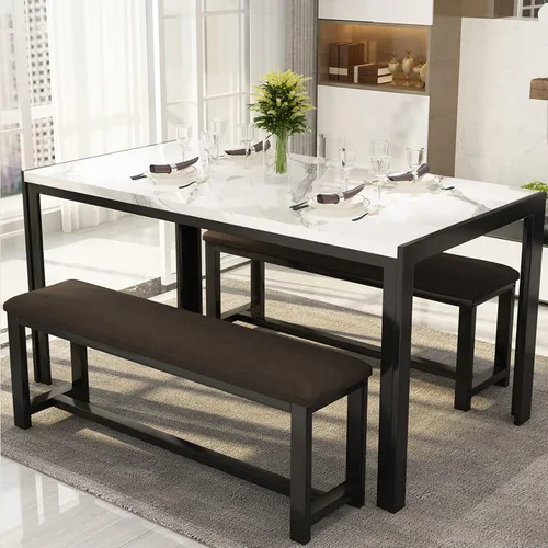 Miniatura 3 de Recaceik Juego de mesa de comedor para 4, mesa de cocina y sillas para 4, mesa de comedor de mármol sintético con 2 bancos, mesa de comedor que