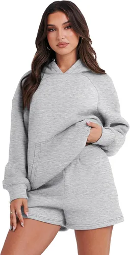 Miniatura 2 de ATHMILE Conjunto de 2 piezas de gran tamaño con capucha y pantalones cortos para mujer, conjunto de otoño 2023 de manga larga y sudadera acogedora