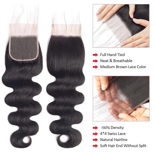 Miniatura 3 de ALLRUN Paquetes de Ondas Corporales con Cierre Cabello Humano 12 14 16 Pulgadas+10 Cierre Tejidos Corporales 3 Paquetes y Cierre Parte Libre 100%